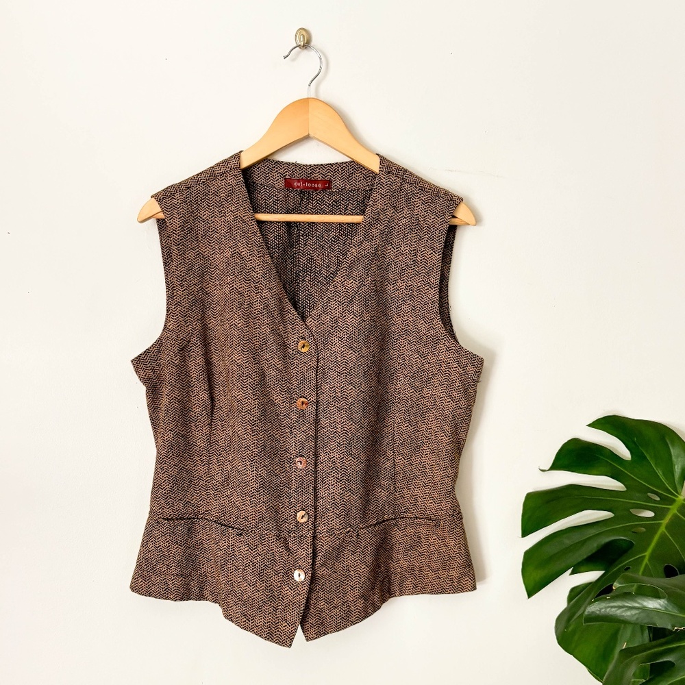 CUT LOOSE Brown Black Chevron Waist Coat Vest Button Front / Tie Back Size Large